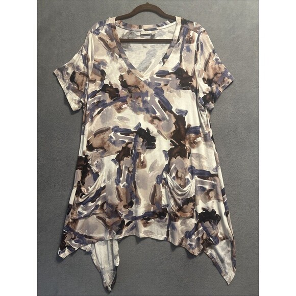LOGO Lori Goldstein Asymmetric Hem Tunic Top Plus Size 1X Watercolor Art to Wear - Picture 2 of 7